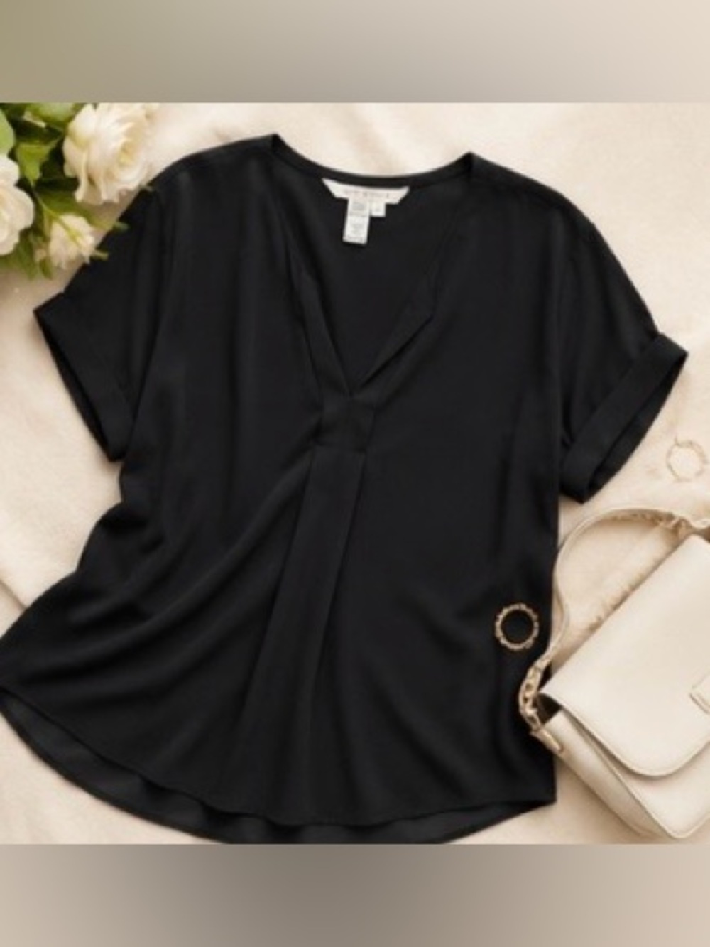 Max Studio Split Neck Roll Tab Blouse Black Large Casual Chic Top NWOT - Picture 5 of 7